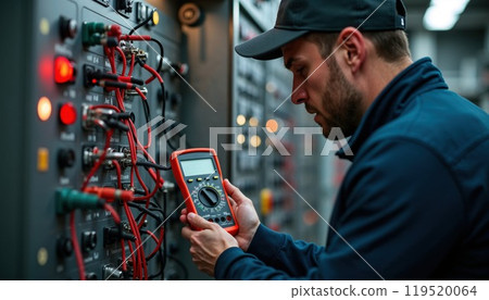A man is currently using a multimeter to thoroughly test a circuit board 119520064