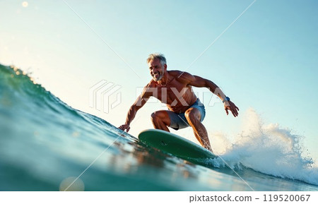 A man is skillfully riding a large wave while using a surfboard in the ocean 119520067