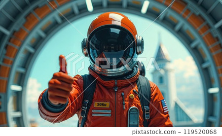 A man is wearing an orange space suit and is giving a thumbs up gesture 119520068