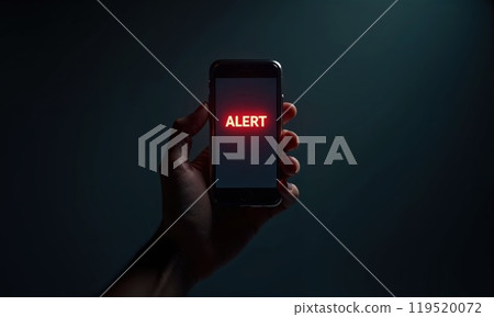 A person holds a cellphone displaying the word alert on the screen 119520072