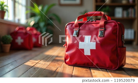 A red first aid kit with a white cross is on a wooden floor 119520079