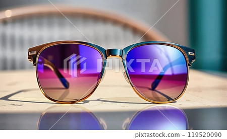 A stylish pair of sunglasses with vibrant purple lenses sits on a table 119520090