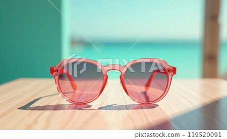 A stylish pair of vibrant pink sunglasses resting on a wooden table 119520091