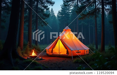 A tent is illuminated brightly in the center of a dense forest 119520094