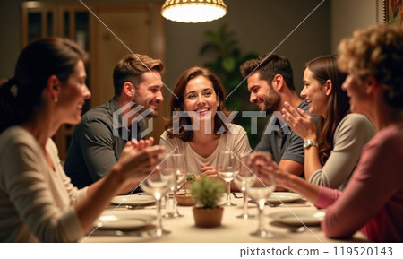 A group of people is sitting around a table at a dinner party 119520143
