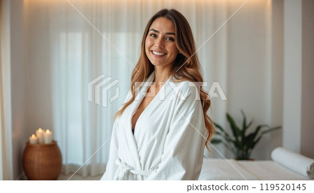 A joyful woman wearing a white robe is smiling happily in a spa 119520145