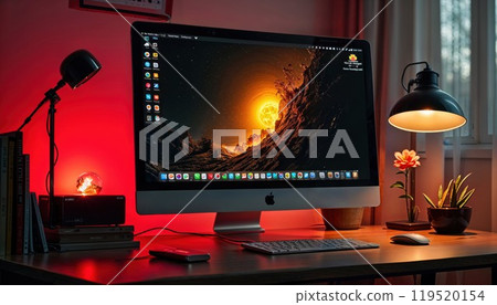 An Apple computer is currently resting on a desk alongside a lamp An Apple computer is currently resting on a desk alongside a lamp 119520154