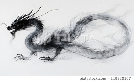 Illustration of Chinese brush painting of a dragon. Black ink lines drawn by master artist. It is a line that has weight, heaviness and lightness in art. Suitable for applying and decorating anywhere. 119520167