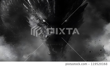 Illustration of Chinese brush painting of a dragon. Black ink lines drawn by master artist. It is a line that has weight, heaviness and lightness in art. Suitable for applying and decorating anywhere. 119520168