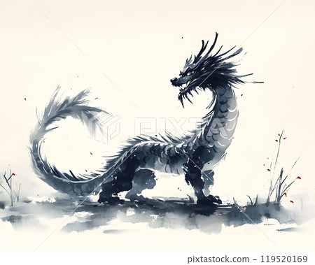 Illustration of Chinese brush painting of a dragon. Black ink lines drawn by master artist. It is a line that has weight, heaviness and lightness in art. Suitable for applying and decorating anywhere. 119520169