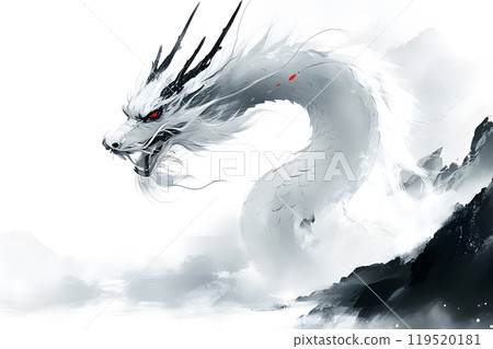 Illustration of Chinese brush painting of a dragon. Black ink lines drawn by master artist. It is a line that has weight, heaviness and lightness in art. Suitable for applying and decorating anywhere. 119520181