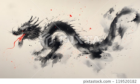 Illustration of Chinese brush painting of a dragon. Black ink lines drawn by master artist. It is a line that has weight, heaviness and lightness in art. Suitable for applying and decorating anywhere. 119520182