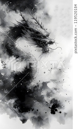 Illustration of Chinese brush painting of a dragon. Black ink lines drawn by master artist. It is a line that has weight, heaviness and lightness in art. Suitable for applying and decorating anywhere. Illustration of Chinese brush painting of a dragon. Black ink lines drawn by master artist. It is a line that has weight, heaviness and lightness in art. Suitable for applying and decorating anywhere. 119520184