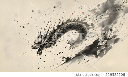 Illustration of Chinese brush painting of a dragon. Black ink lines drawn by master artist. It is a line that has weight, heaviness and lightness in art. Suitable for applying and decorating anywhere. 119520206