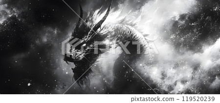 Illustration of Chinese brush painting of a dragon. Black ink lines drawn by master artist. It is a line that has weight, heaviness and lightness in art. Suitable for applying and decorating anywhere. 119520239