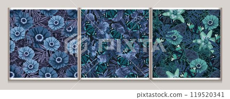 Set of blue camouflage seamless patterns with lush foliage, leaves, butterfly. Wild nature. For apparel, fabric, textile, sport goods design. 119520341