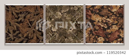Seamless brown camouflage patterns with fir twigs with dry needles, forest foliage, nature. Forest nature objects. For apparel, fabric, textile, sport goods. 119520342