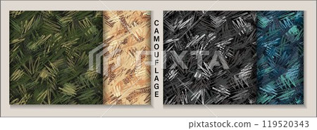 Seamless camouflage patterns with chaotic grunge zigzag lines. Frayed texture, smudge paint. Dense random chaotic composition. For apparel, fabric, textile, sport goods. Grunge style 119520343