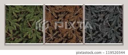 Seamless camouflage patterns with fir twigs with dry needles, dry sticks. Forest nature elements. For apparel, fabric, textile, sport goods. 119520344