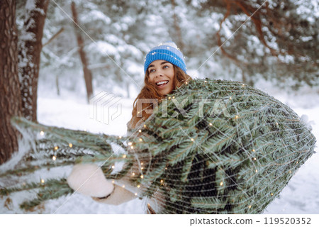 Stylish young woman carries a Christmas tree in a winter forest. Holiday, nature concept. Stylish young woman carries a Christmas tree in a winter forest. Holiday, nature concept. 119520352