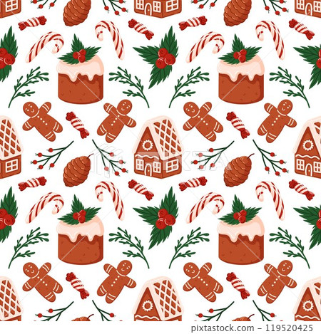 Seamless pattern with gingerbread house, man, cake, candy cane, pine cones and holly. Perfect for Christmas design, holiday wrapping paper and festive decor. Flat style. Seamless pattern with gingerbread house, man, cake, candy cane, pine cones and holly. Perfect for Christmas design, holiday wrapping paper and festive decor. Flat style. 119520425