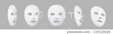 3d sheet face mask mockup in different angles. Realistic white facial mask with gel, cream, collagen or moisture essence isolated render set. Korean skin care, cosmetic beauty product. 3D illustration 119520426