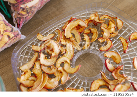 Homemade Dehydrated Apple Slices on Drying Rack Homemade Dehydrated Apple Slices on Drying Rack 119520554