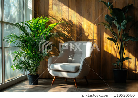 Bright and cozy living room corner with a modern chair and lush plants basking in warm afternoon Bright and cozy living room corner with a modern chair and lush plants basking in warm afternoon 119520590