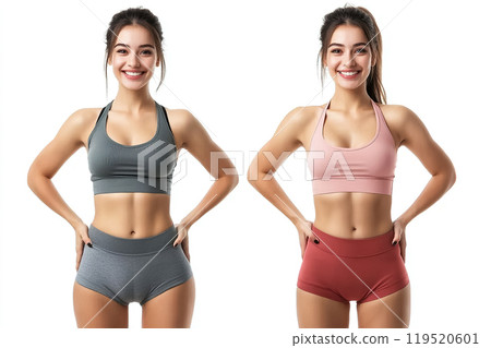 A young woman posing confidently in athletic outfits, showcasing activewear styles for fitness A young woman posing confidently in athletic outfits, showcasing activewear styles for fitness 119520601