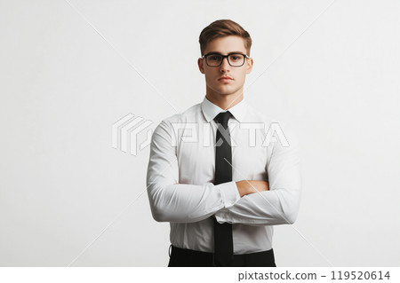 Young professional man in a white shirt and tie stands confidently with arms crossed against a 119520614