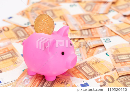 Pink Piggy Bank with Bitcoin Coin on the Fifty Euro Banknotes 119520650