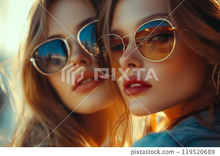 Two young women stand close together, enjoying a sunny beach day Two young women stand close together, enjoying a sunny beach day 119520689