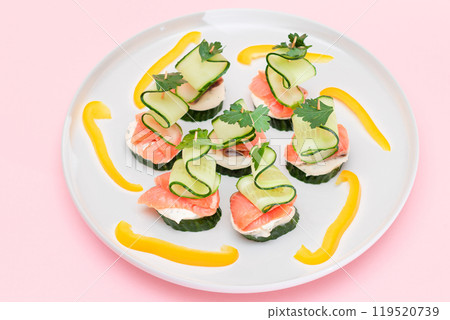 Canapes without Bread with Fresh Salmon, Cucumber and Cream Cheese Canapes without Bread with Fresh Salmon, Cucumber and Cream Cheese 119520739