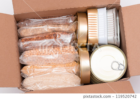 Carton Box with Canned Food, Cereals and Grocery - Donation Box or Food Reserves 119520742
