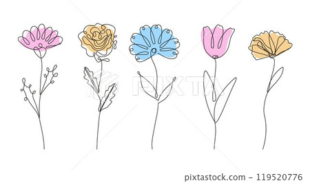beautiful collection of field and garden flowers, including daisies, roses, cornflowers, and asters, all rendered in a continuous line styl 119520776