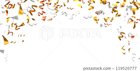 3d gold, silver and bronze confetti flying in air on white background. Foil or paper particles, serpentine ribbons falling down. Birthday surprise party, winner or holiday celebration. 3D illustration 119520777