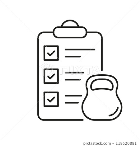 Weight Loss Training Fitness Plan Line Icon. Checklist and Kettlebell Outline Icon, Gym and Exercise Routines Concept. Isolated Vector Illustration 119520881