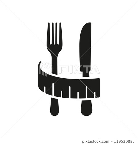 Slimming And Weight Management Icon. Fork And Knife Silhouette Icon Wrapped With Measuring Tape, Weight Loss And Calorie Counting Concept. Isolated Vector Illustration Slimming And Weight Management Icon. Fork And Knife Silhouette Icon Wrapped With Measuring Tape, Weight Loss And Calorie Counting Concept. Isolated Vector Illustration 119520883