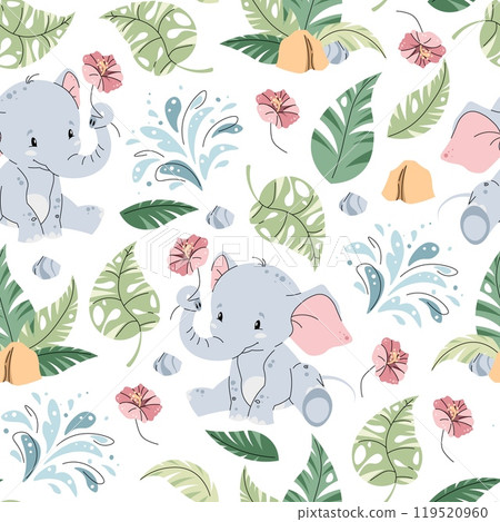 Seamless pattern with cute elephants in flat style. Repeating background with African animals and tropical plants. Childish illustration for fabric, wallpaper, wrapping paper, scrapbooking etc. Seamless pattern with cute elephants in flat style. Repeating background with African animals and tropical plants. Childish illustration for fabric, wallpaper, wrapping paper, scrapbooking etc. 119520960