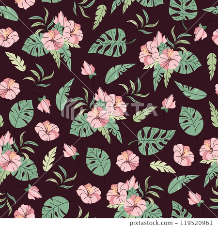Seamless pattern with tropical leaves in flat style. Repeating background with hibiscus flowers and leaves. Botanical background for fabric, wallpaper, wrapping paper, scrapbooking etc. Seamless pattern with tropical leaves in flat style. Repeating background with hibiscus flowers and leaves. Botanical background for fabric, wallpaper, wrapping paper, scrapbooking etc. 119520961
