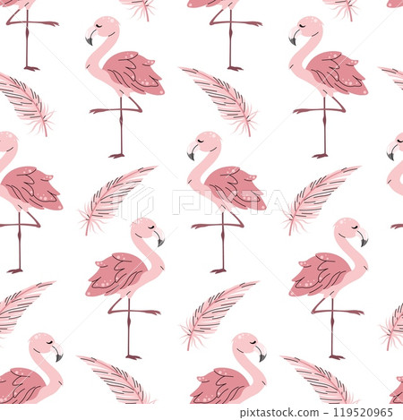 Seamless pattern with cute flamingos in flat style. Repeating background with tropical birds. Childish illustration for fabric, wallpaper, wrapping paper, scrapbooking, etc. 119520965