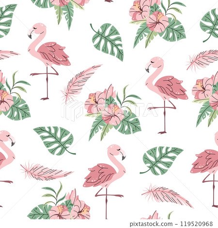 Seamless pattern with cute flamingos in flat style. Repeating background with tropical birds, hibiscus and leaves. Childish illustration for fabric, wallpaper, wrapping paper, scrapbooking, etc. 119520968
