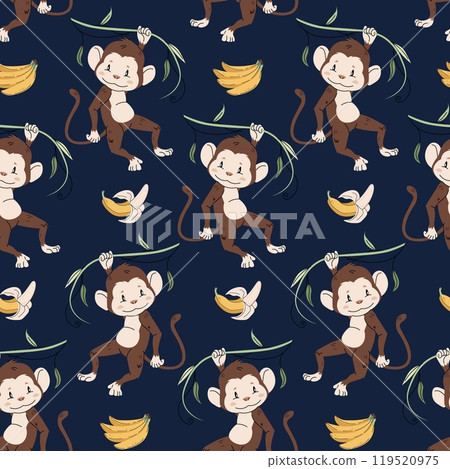 Seamless pattern with cute monkeys in flat style. Repeating background with African animals, vines and bananas. Childish illustration for fabric, wallpaper, wrapping paper, scrapbooking etc. 119520975