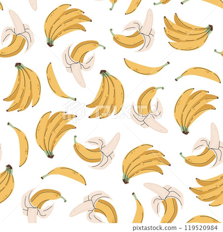 Seamless pattern with bunch of bananas in flat style. Repeating background with tropical fruits. Tasty background for fabric, wallpaper, wrapping paper, scrapbooking etc. Seamless pattern with bunch of bananas in flat style. Repeating background with tropical fruits. Tasty background for fabric, wallpaper, wrapping paper, scrapbooking etc. 119520984