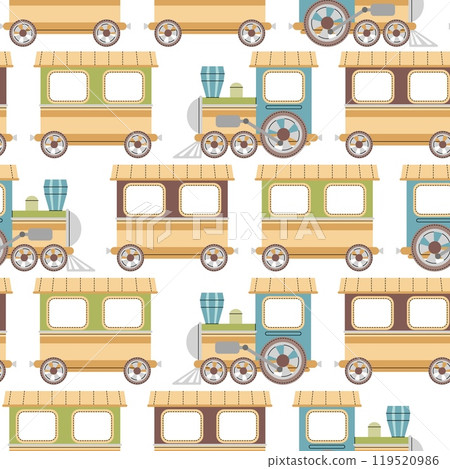 Seamless pattern with a steam locomotive in flat style. Childish illustration with toy train for fabric, wallpaper, scrapbooking, etc. 119520986