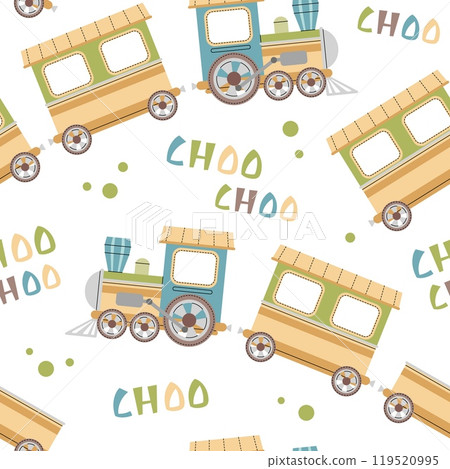 Seamless pattern with a steam locomotive in flat style. Childish background with toy train for fabric, wallpaper, scrapbooking, etc. 119520995
