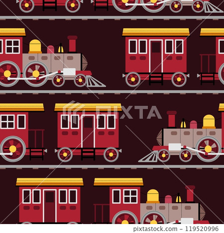 Seamless pattern with a steam locomotive in flat style. Childish background with toy train for fabric, wallpaper, scrapbooking, etc. 119520996