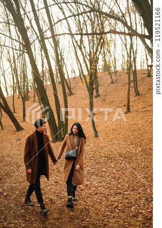 Young couple in love walking in the park on a autumn day. Enjoying time together. Young couple in love walking in the park on a autumn day. Enjoying time together. 119521166