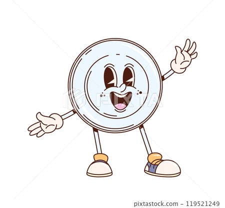Retro groovy dish plate, cartoon funny kitchenware or kitchen utensil, vector character. Groovy funky ceramic plate with happy smile on face for kitchenware and dishware cartoon emoji character 119521249