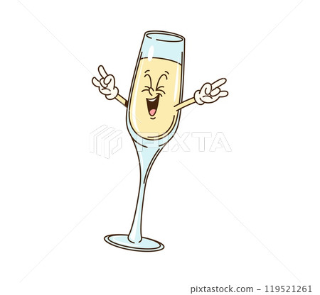 Cartoon groovy champagne glass Christmas character celebrates Xmas party. Isolated vector wineglass retro personages rejoice with happy smile, embodying carnival funky vibe of 60s or 70s hippie era Cartoon groovy champagne glass Christmas character celebrates Xmas party. Isolated vector wineglass retro personages rejoice with happy smile, embodying carnival funky vibe of 60s or 70s hippie era 119521261